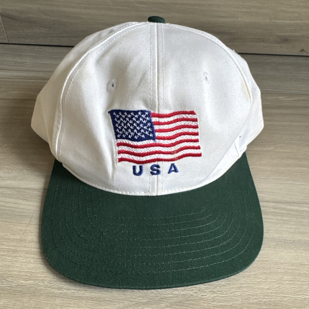 VINTAGE USA American Flag Embroidered Snapback Hat The Game Brand White Green